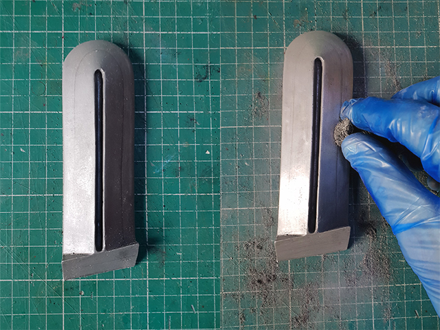 Polishing Cold Cast Aluminium Mandalorian Helmet Left Ear Cap with wire wool